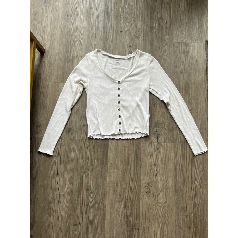 American Eagle Women's Cozy Waffle Henley Crop Top Lettuce Edge White Size Large